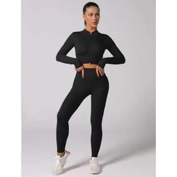 ABOCIW Workout Sets for Women 2 Piece Seamless Ribbed Long Sleeve Zip Crop Top Jacket Tummy Control High Waist Leggings Sets GYm Yoga Outfits Winter Fall Gym Clothes Black Small