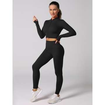 ABOCIW Workout Sets for Women 2 Piece Seamless Ribbed Long Sleeve Zip Crop Top Jacket Tummy Control High Waist Leggings Sets GYm Yoga Outfits Winter Fall Gym Clothes Black Small