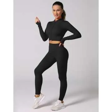ABOCIW Workout Sets for Women 2 Piece Seamless Ribbed Long Sleeve Zip Crop Top Jacket Tummy Control High Waist Leggings Sets GYm Yoga Outfits Winter Fall Gym Clothes Black Small