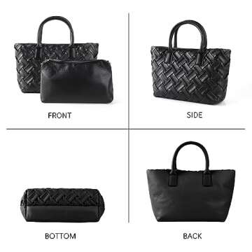 Woven Tote Bag for Women - Fashion Weave Leather Small Purse for Travel, Shopping, and Everyday (Bla...