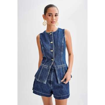 Women’s Denim Long Vest Waistcoat Vest Sleeveless Button-Up Back Slit Jean Jacket Vest Y2k Clothes (Blue, M)
