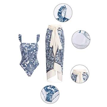 XXTAXN Women's Summer V Neck Sleeveless Swimsuit Bodysuit Tops Beach Skirt 2 Piece Swimsuit Outfits Blueprinting