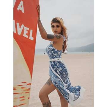 XXTAXN Women's Summer V Neck Sleeveless Swimsuit Bodysuit Tops Beach Skirt 2 Piece Swimsuit Outfits Blueprinting