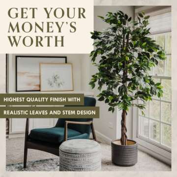 Artificial Trees for Home Decor Indoor - Fake Plants & Faux Plants Indoor - Fake Plants Tall Ficus Tree Artificial, Plants for Living Room Decor, Tall Fake Plants Indoor, Fake Tree Indoor - 5 Feet