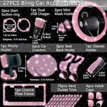 NBTEPEM 27 PCs Pink Bling Car Accessories Set for Women, Bling Steering Wheel Covers Universal Fit 1...