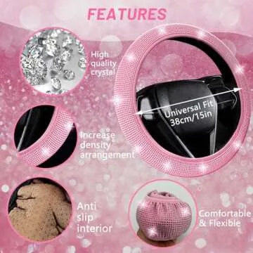 NBTEPEM 27 PCs Pink Bling Car Accessories Set for Women, Bling Steering Wheel Covers Universal Fit 15 Inch, Bling License Plate Frame, Bling Phone Holder, Bling Car Coasters (Pink Diamond)