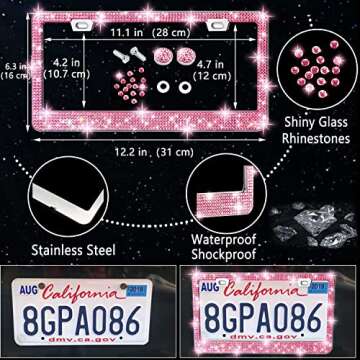 NBTEPEM 27 PCs Pink Bling Car Accessories Set for Women, Bling Steering Wheel Covers Universal Fit 15 Inch, Bling License Plate Frame, Bling Phone Holder, Bling Car Coasters (Pink Diamond)