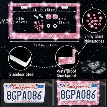 NBTEPEM 27 PCs Pink Bling Car Accessories Set for Women, Bling Steering Wheel Covers Universal Fit 15 Inch, Bling License Plate Frame, Bling Phone Holder, Bling Car Coasters (Pink Diamond)