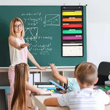 D-FantiX Wall Hanging File Organizer with 6 Folder, Storage Pocket Chart with 6 Name Tag, Classroom Must Have Paper Organizer for Teacher, Over The Door File Organizer for School Mailbox Home Office