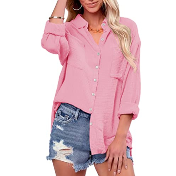 Saudacdn Women Button Down Shirts V Neck Blouse Long Roll Up Cuffed Sleeve Pocket Casual Boyfriend C...