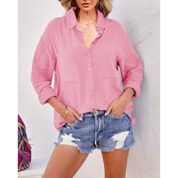 Saudacdn Women Button Down Shirts V Neck Blouse Long Roll Up Cuffed Sleeve Pocket Casual Boyfriend Cotton Tops Pink