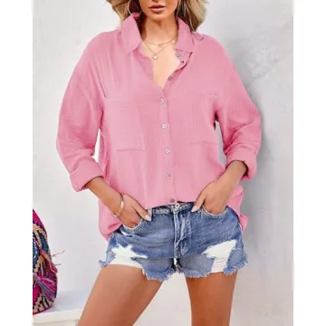Saudacdn Women Button Down Shirts V Neck Blouse Long Roll Up Cuffed Sleeve Pocket Casual Boyfriend Cotton Tops Pink