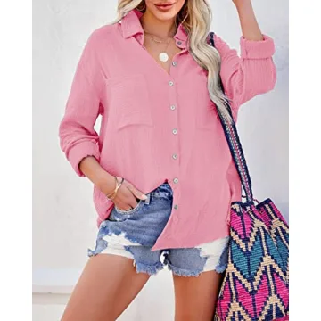 Saudacdn Women Button Down Shirts V Neck Blouse Long Roll Up Cuffed Sleeve Pocket Casual Boyfriend Cotton Tops Pink