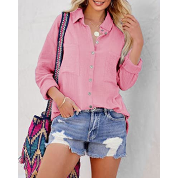 Saudacdn Women Button Down Shirts V Neck Blouse Long Roll Up Cuffed Sleeve Pocket Casual Boyfriend Cotton Tops Pink