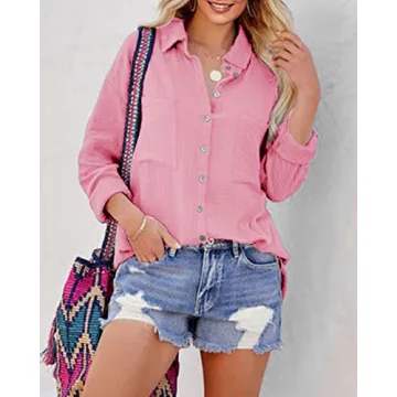 Saudacdn Women Button Down Shirts V Neck Blouse Long Roll Up Cuffed Sleeve Pocket Casual Boyfriend Cotton Tops Pink