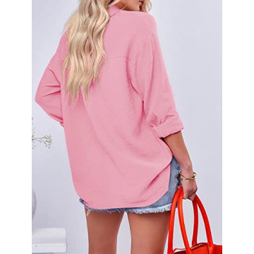Saudacdn Women Button Down Shirts V Neck Blouse Long Roll Up Cuffed Sleeve Pocket Casual Boyfriend Cotton Tops Pink