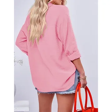 Saudacdn Women Button Down Shirts V Neck Blouse Long Roll Up Cuffed Sleeve Pocket Casual Boyfriend Cotton Tops Pink