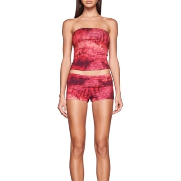 Mxiqqpltky Women's 2024 Summer 2 Piece Outfits Sexy Y2K Print Crop Tube Tops and Slim Fold Over Shor...