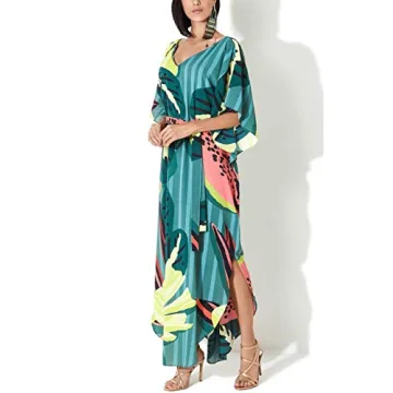 Bsubseach Women Print Kaftan Dresses V Neck Plus Size Beach Bathing Suit Cover Ups with Belt