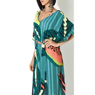 Bsubseach Women Print Kaftan Dresses V Neck Plus Size Beach Bathing Suit Cover Ups with Belt
