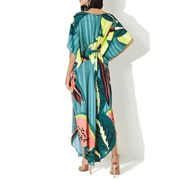 Bsubseach Women Print Kaftan Dresses V Neck Plus Size Beach Bathing Suit Cover Ups with Belt
