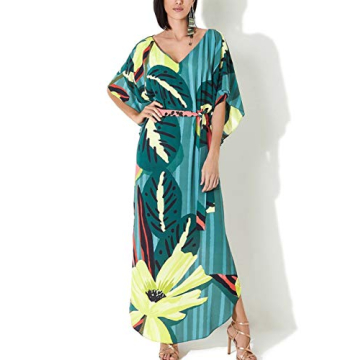 Bsubseach Women Print Kaftan Dresses V Neck Plus Size Beach Bathing Suit Cover Ups with Belt