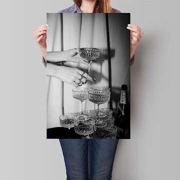 nghtuiyocw Black and White Champagne Glasses Canvas Wall Art, Vintage Funky Bar Cart Art Decor, Retr...
