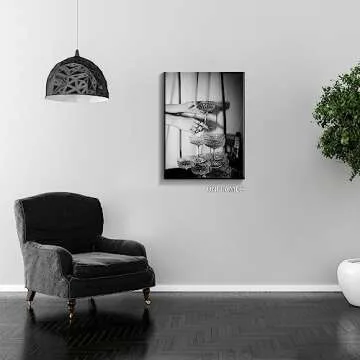 nghtuiyocw Black and White Champagne Glasses Canvas Wall Art, Vintage Funky Bar Cart Art Decor, Retro Champagne Tower Poster Wine Decorations, Kitchen Dining Room Pub Decor Prints 12x16in Unframed