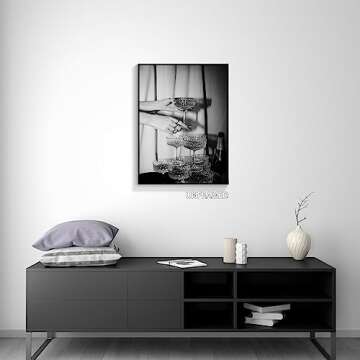 nghtuiyocw Black and White Champagne Glasses Canvas Wall Art, Vintage Funky Bar Cart Art Decor, Retro Champagne Tower Poster Wine Decorations, Kitchen Dining Room Pub Decor Prints 12x16in Unframed