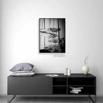 nghtuiyocw Black and White Champagne Glasses Canvas Wall Art, Vintage Funky Bar Cart Art Decor, Retro Champagne Tower Poster Wine Decorations, Kitchen Dining Room Pub Decor Prints 12x16in Unframed