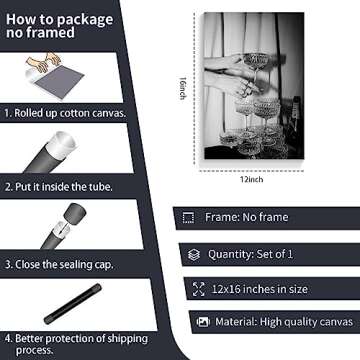 nghtuiyocw Black and White Champagne Glasses Canvas Wall Art, Vintage Funky Bar Cart Art Decor, Retro Champagne Tower Poster Wine Decorations, Kitchen Dining Room Pub Decor Prints 12x16in Unframed