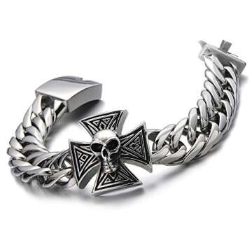 COOLSTEELANDBEYOND Mens Large Skull Cross Bracelet Stainless Steel Curb Chain Biker Gothic Silver Co...
