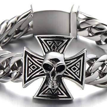 COOLSTEELANDBEYOND Men's Skull Cross Bracelet for Bikers