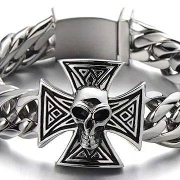 COOLSTEELANDBEYOND Men's Skull Cross Bracelet for Bikers