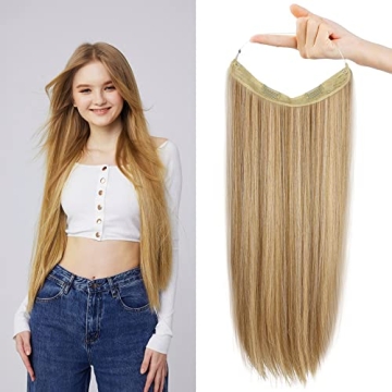 REECHO Invisible Wire Hair Extensions - Golden Blonde with Highlights, Adjustable & Secure