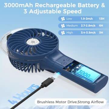COMLIFE Portable Handheld Misting Fan, 3000mAh Rechargeable - Up to 10h Cooling & 1h Misting, Battery Operated Spray for Travel, Home Office, Camping, Outdoors