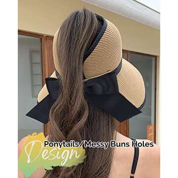 FURTALK Beach Hats for Women Foldable Packable Wide Brim Sun Visor Hat with Ponytail Hole UPF50+ Cap for Travel Khaki