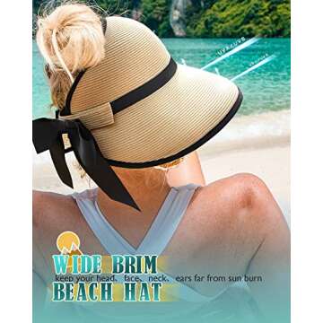 FURTALK Beach Hats for Women Foldable Packable Wide Brim Sun Visor Hat with Ponytail Hole UPF50+ Cap for Travel Khaki