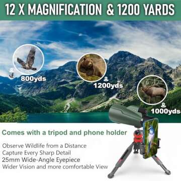 Monocular Telescope - 12x56 High Powered, Compact, Dust-Proof, Waterproof, Handheld Scope with Smartphone Adapter and Metal Tripod - Ideal for Hunting, Stargazing, Birdwatching, and Outdoor Adventures