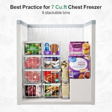 iSPECLE Chest Freezer Organizer - 4 Pack Small Stackable Freezer Organizer Bins for Most 7 Cu.FT Freezer Sort Frozen Meats, Deep Freezer Organizer Bins Easy Access Food without Digging, White