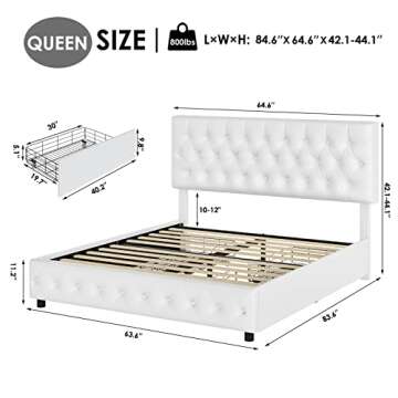 Keyluv Modern Upholstered Bed Frame with 4 Drawers, Button Tufted Headboard Design, Solid Wooden Sla...
