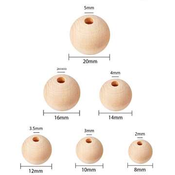 1000 Pieces of Wood Beads - 6 Sizes of Natural Unfinished Wood Beads for Garlands, Decorations and DIY Handmade - 8mm / 10mm / 12mm / 14mm / 16mm / 20mm
