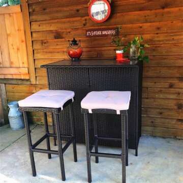 SUNCROWN Outdoor Bar Set 3-Piece Brown Wicker Patio Furniture - Glass Bar and Two Stools with Cushions for Patios, Backyards, Porches, Gardens or Poolside
