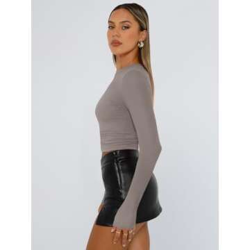Trendy Queen Womens Long Sleeve Shirts Basic Tees Crop Tops Going Out Spring 2025 Workout Outfits Y2k Clothes Mocha S