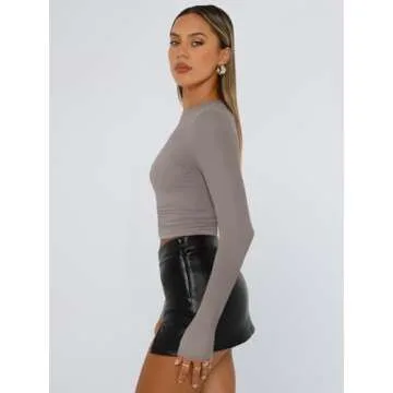 Trendy Queen Womens Long Sleeve Shirts Basic Tees Crop Tops Going Out Spring 2025 Workout Outfits Y2k Clothes Mocha S
