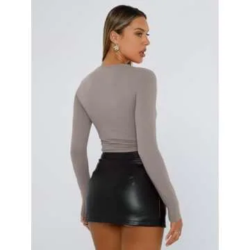 Trendy Queen Womens Long Sleeve Shirts Basic Tees Crop Tops Going Out Spring 2025 Workout Outfits Y2k Clothes Mocha S