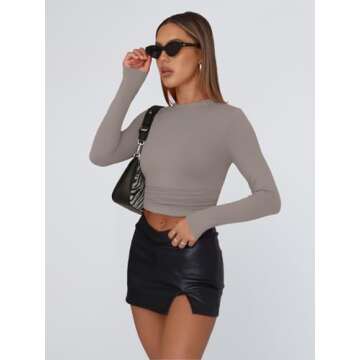 Trendy Queen Womens Long Sleeve Shirts Basic Tees Crop Tops Going Out Spring 2025 Workout Outfits Y2k Clothes Mocha S