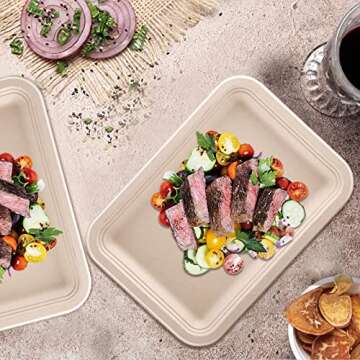 Lawei 50 Pack 14 Inch Biodegradable Paper Plates, Rectangle Compostable Disposable Food Trays 100% Heavy-Duty Sugarcane Bagasse Paper Platter for Seafood, BBQ, Picnic, Party