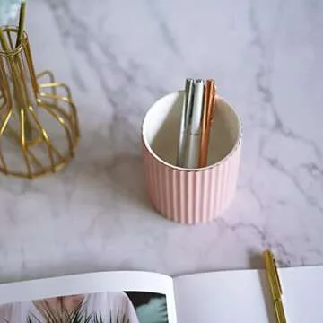 CROWNOS Pen Holder for Desk, Ceramic Pencil Cup Office Desk Organizer, Makeup Brush Holder (Pink)