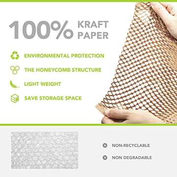 METRONIC Packaging Paper 12"x128' Honeycomb Cushioning Wrap Roll Perforated-Packing，1 Rolls 128 Ft Honeycomb Wrap Roll with 20 Fragile Sticker Labels, Honeycomb Wrap Roll for Packing & Moving